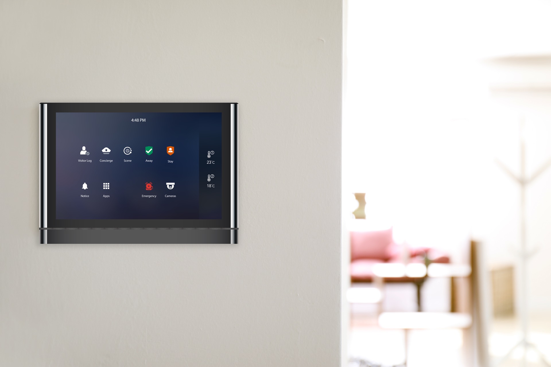 Tablet computer with smart home application on wall SmartONE Solutions wall pad in a suite